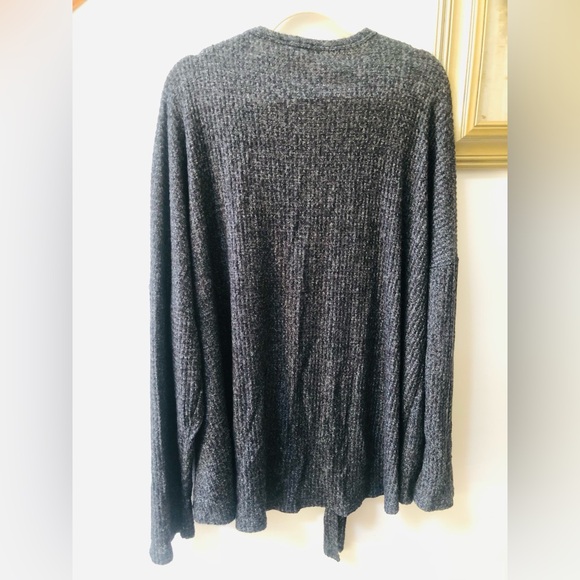 Gray & White Knit Long Sleeve Front Tie Shirt with Wooden Buttons - Picture 2 of 5